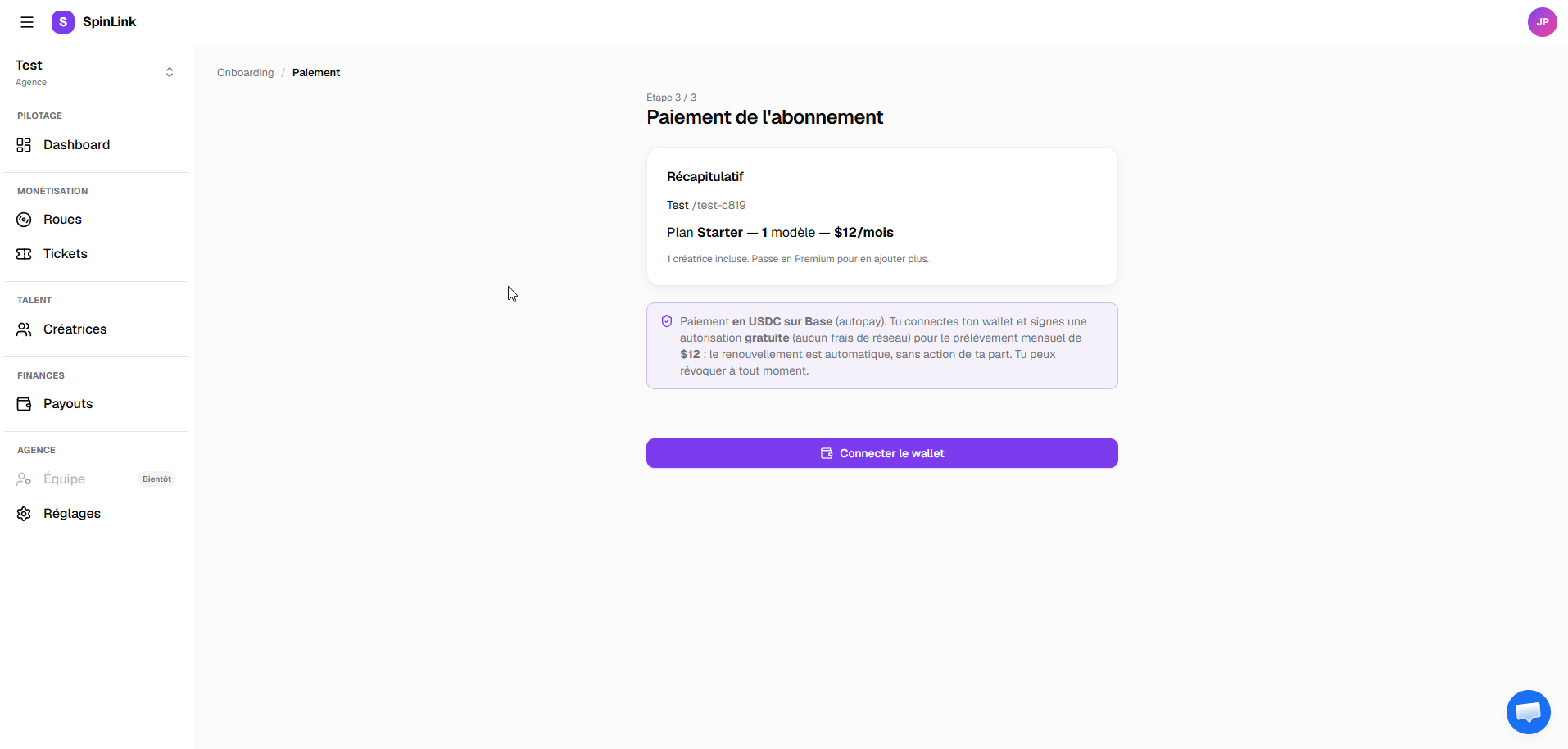 L'écran de paiement de l'abonnement : récapitulatif du plan et bouton « Connecter le wallet »