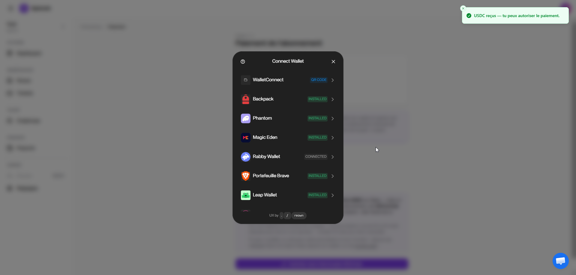 La fenêtre de choix du wallet : WalletConnect, Rabby, Phantom et les autres wallets installés