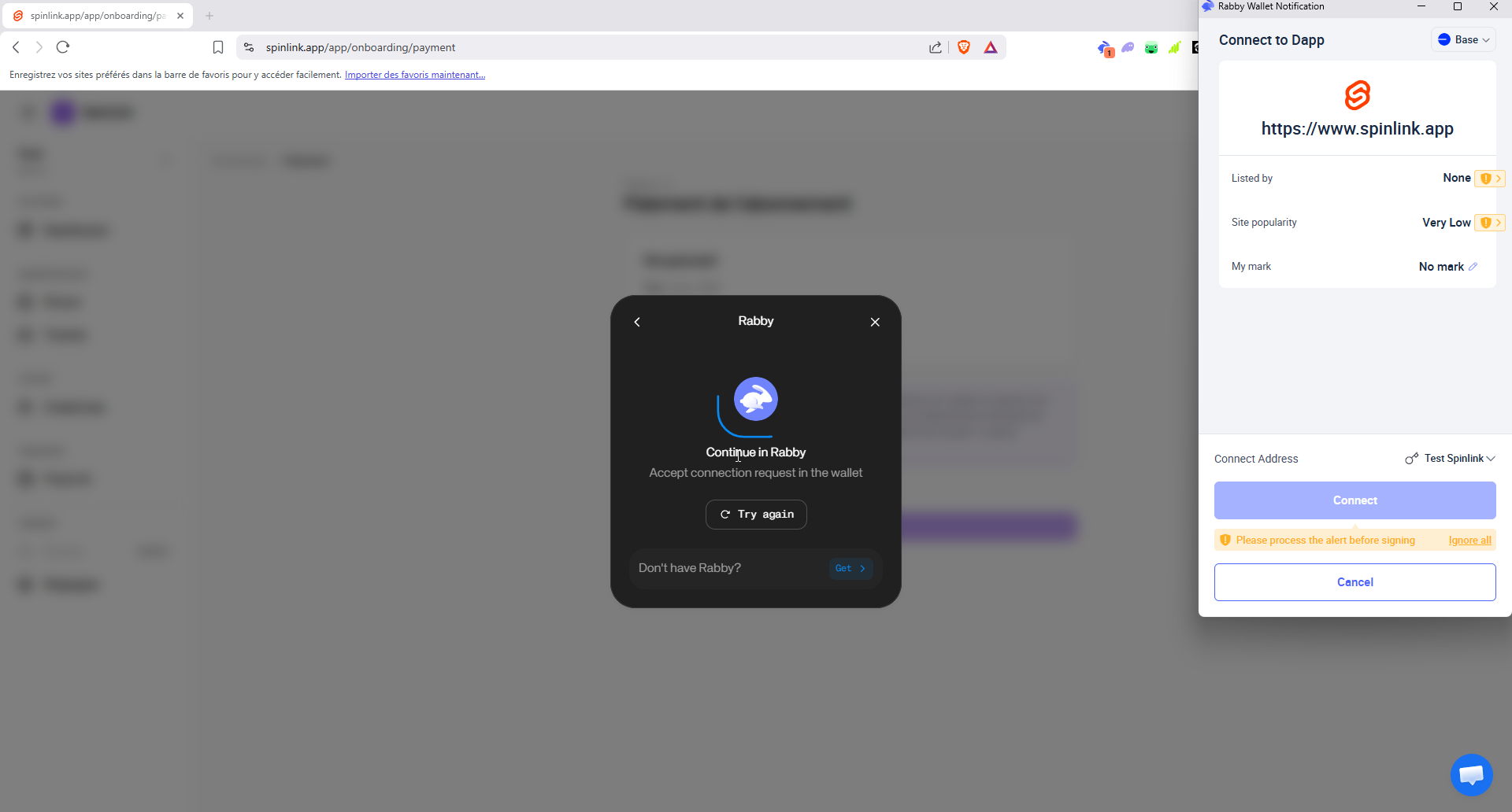 Le wallet demande de confirmer la connexion à spinlink.app sur le réseau Base