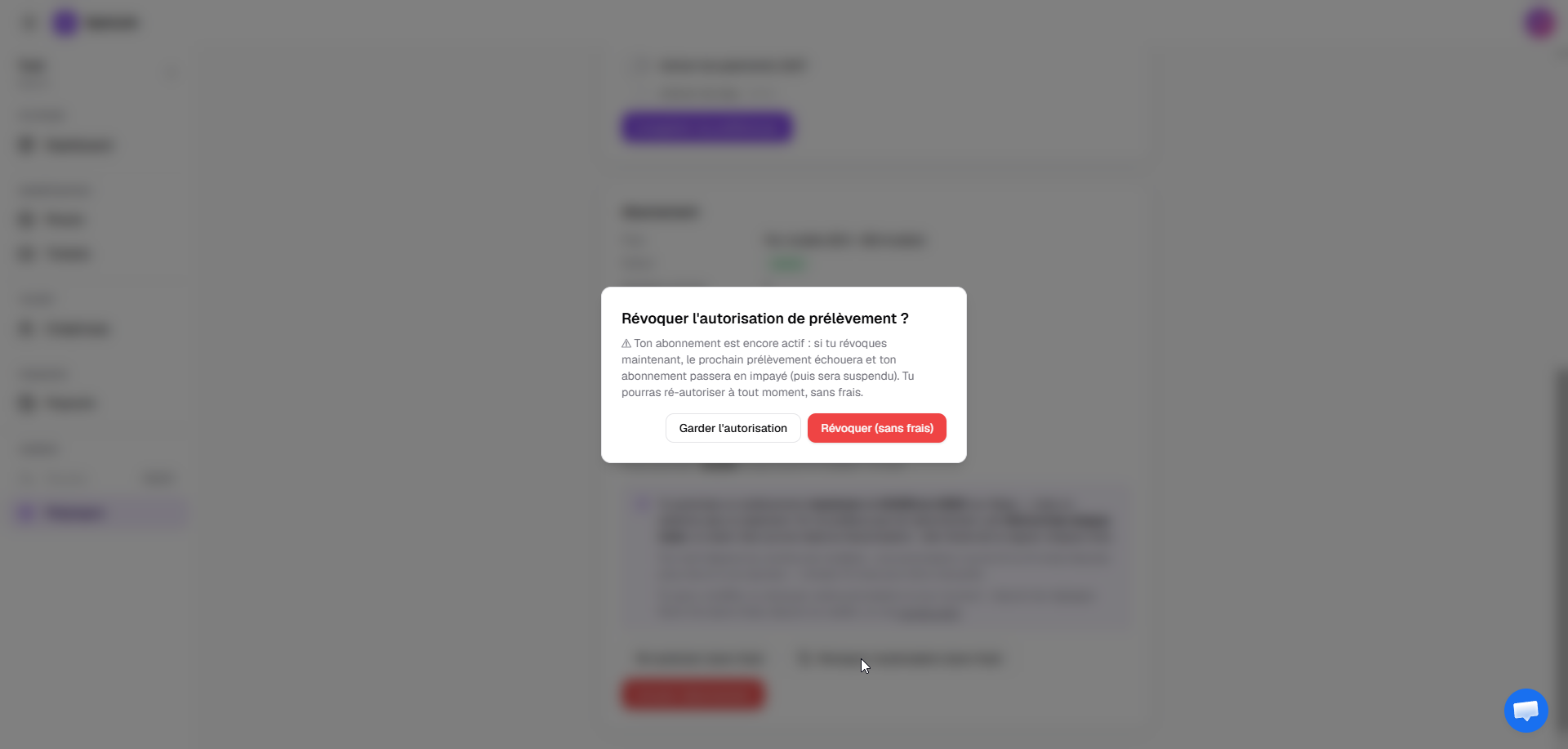 Le dialog de confirmation de révocation : l'app explique ce qui se passe avant que tu signes